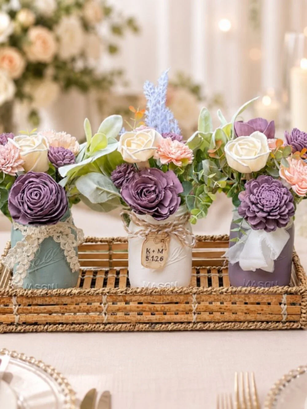 Sola Wood Lavender Wedding Floral Table Centerpieces Set of 3 Mason Jar Decor
